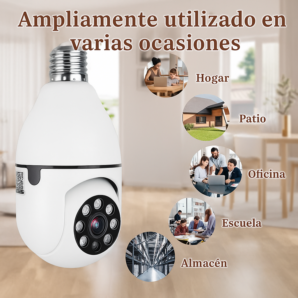 SafeBulb 360™ – Vigila a tu familia, mascotas y pertenencias desde cualquier lugar de manera discreta (Audio bidireccional, Camara HD nocturna, soporte techo incluido y sensores de aviso a tu móvil) + Envío GRATIS
