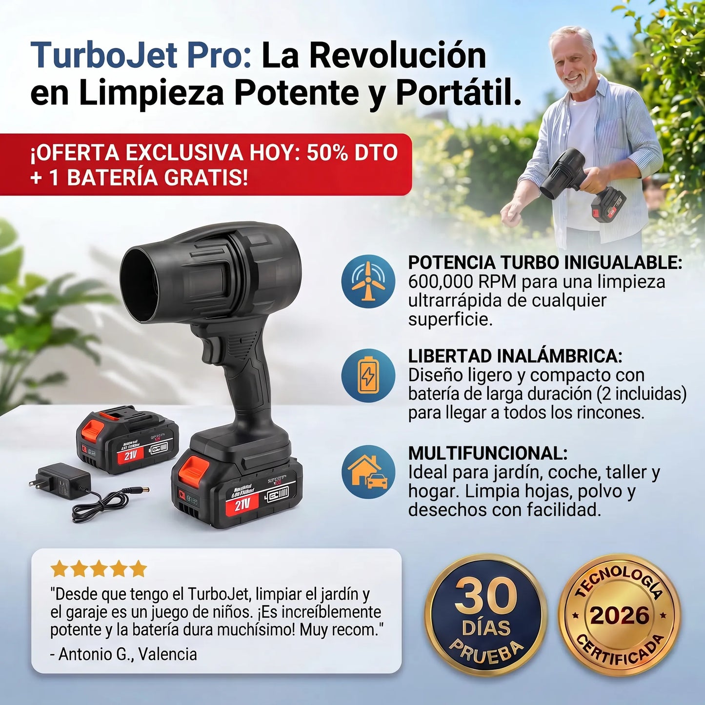 TurboJet™ - Limpia el jardín en cuestión de minutos, sin tener que barrer ni agacharte. Hoy Incluye 2 baterias. (+Envío GRATIS).
