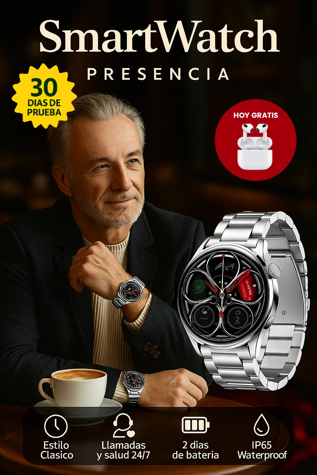 SmartWatch Presencia™ - La quietud de un clásico mezclado con la tecnología mas moderna, la inteligencia artificial. (Versión gris Pegasus)*Incluye correa + auriculares profesionales GRATIS