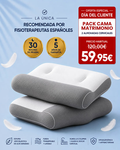 PACK CAMA MATRIMONIO | 2 x ComfortSleep V4™ - La única almohada con reborde frontal para eliminar la rigidez cervical nocturna. (Incluye fundas GRATIS + 30 noches de prueba) *Medidas: 8x45x80cm p