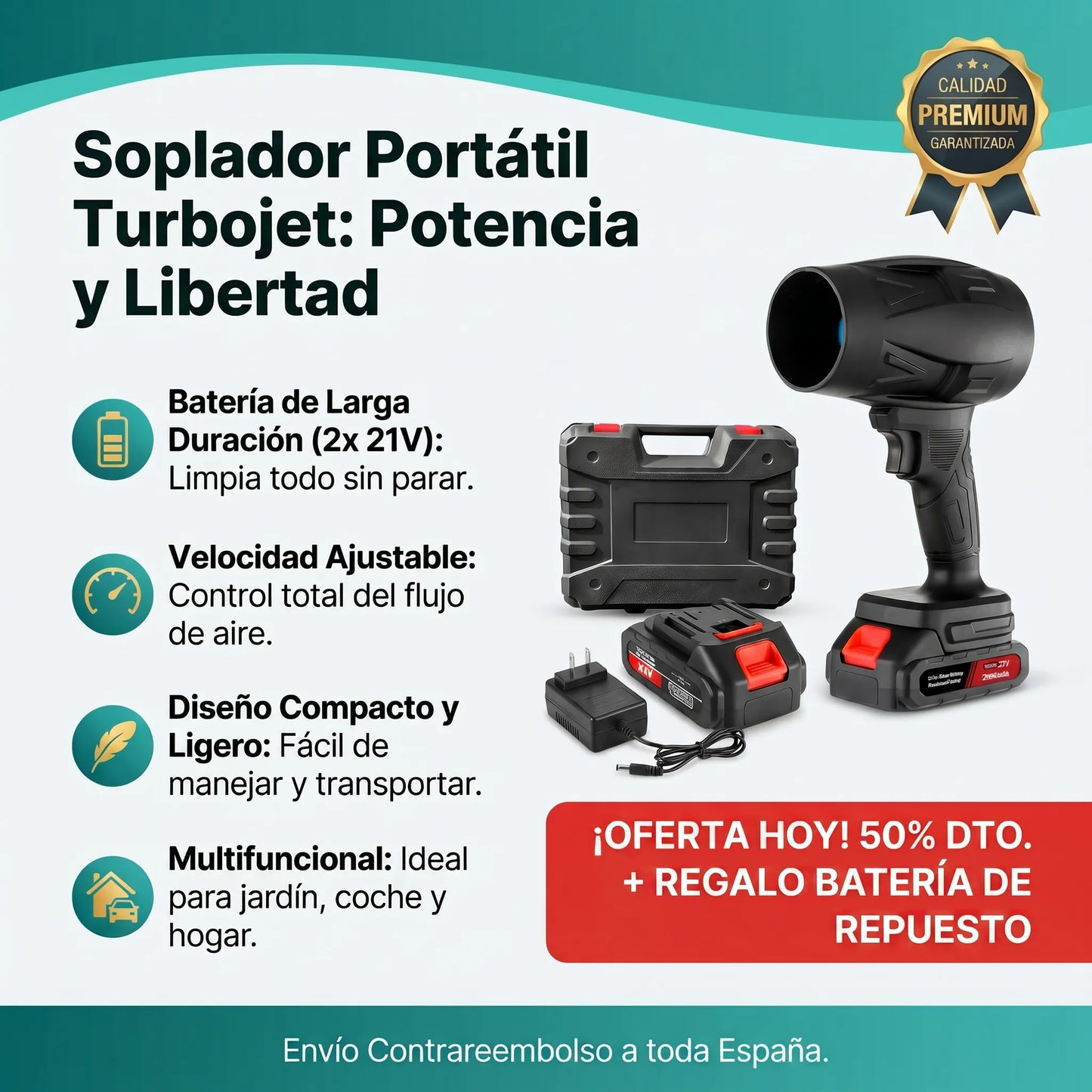 Soplador TurboJet Pro™ - El unico soplador con tecnología de doble hélice que limpia tu jardín en minutos. (Incluye 2 baterías GRATIS)