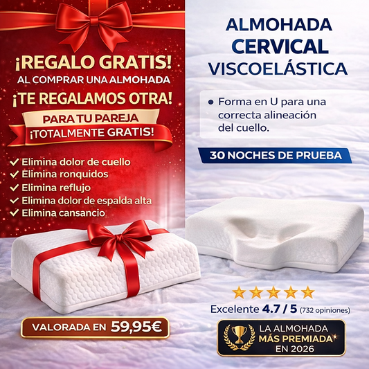 1 + 1 GRATIS Almohada Viscoelástica Ergosleep™ | La única almohada del mercado con forma de U para que tu cuello descanse de verdad (Incluye 30 noches de prueba y fundas) *Medidas: 31 x 11 x 50 cm