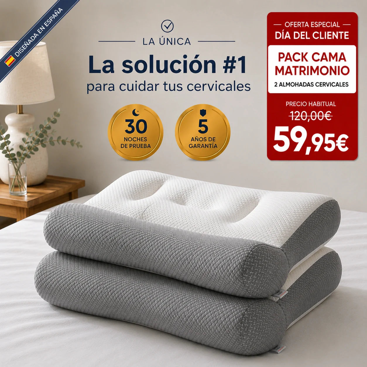 2 x ComfortSleep Original™ | La almohada que elimina el dolor de cuello en 7 noches gracias a su reborde frontal. (Incluye fundas GRATIS). *(Descansaras mejor o te devolvemos cada euro).