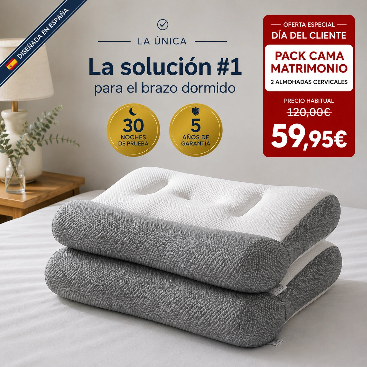 2 x ComfortSleep Original™ – La almohada que acaba con el brazo y la mano dormidos de madrugada en 7 noches gracias a su reborde frontal. (Incluye fundas GRATIS). *(Dormirás sin el brazo dormido o te devolvemos cada euro).