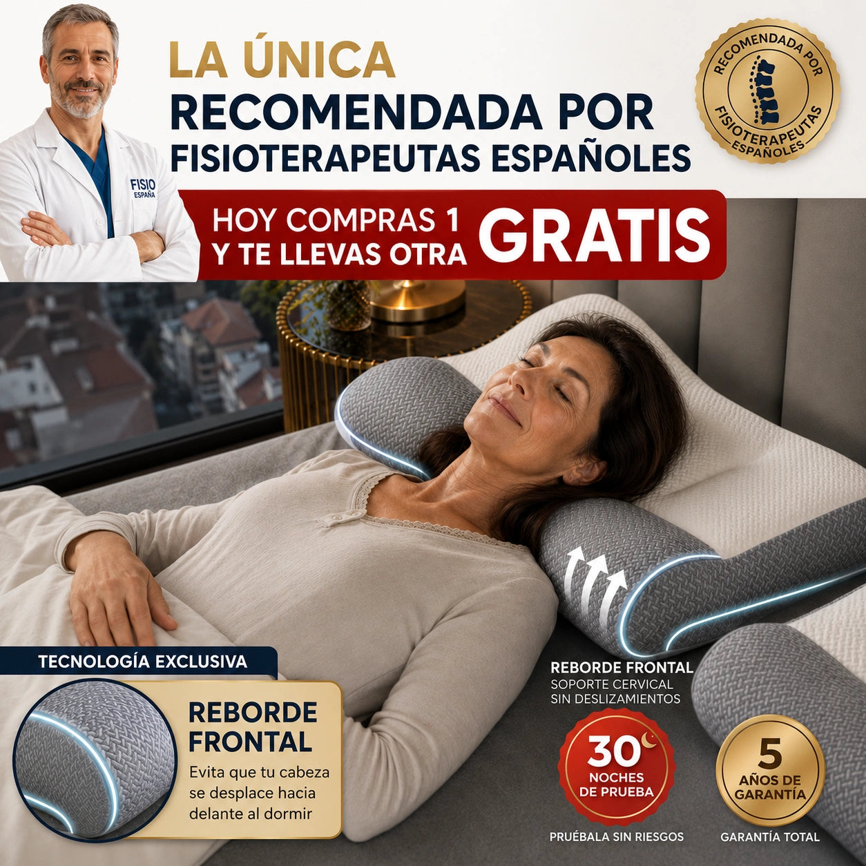 1+1 GRATIS | COMFORTSLEEP PREMIUM™ - La única almohada viscoelástica del mercado con soporte para la curvatura del cuello. (Incluye fundas GRATIS + 30 noches de prueba) *Medidas: 8x45x80cm