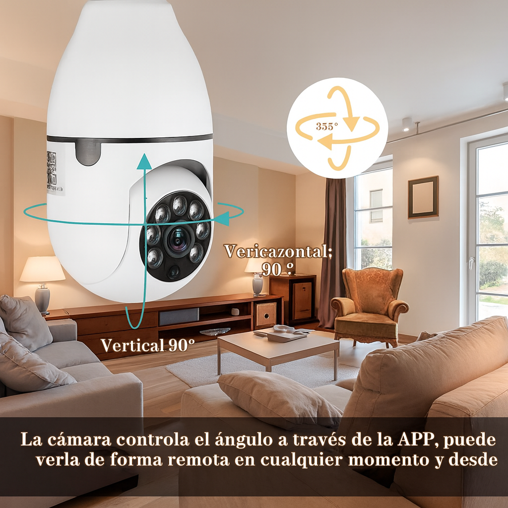 SafeBulb 360™ – Vigila a tu familia, mascotas y pertenencias desde cualquier lugar de manera discreta  (Audio bidireccional, Camara HD nocturna, soporte techo incluido y sensores de aviso a tu móvil) + Envío GRATIS