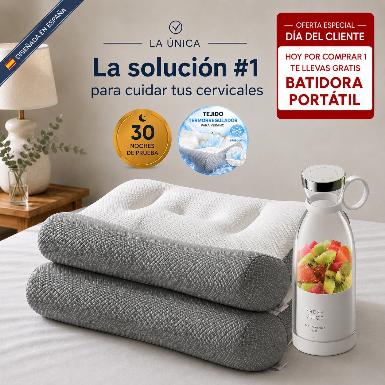 ComfortSleep Original™ + Batidora Portátil GRATIS | La almohada que elimina el dolor de cuello en 7 noches gracias a su reborde frontal. *(Descansaras mejor o te devolvemos cada euro)