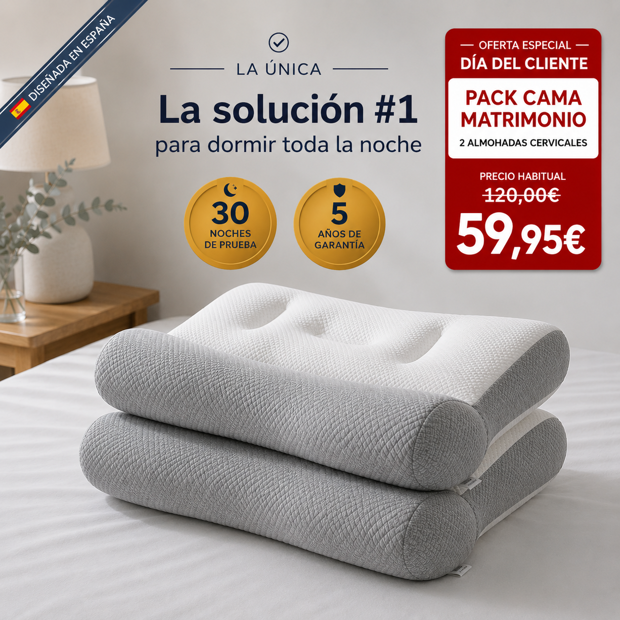 2 x ComfortSleep Original™ – La almohada que corta los despertares y te hace dormir toda la noche en 7 noches gracias a su reborde frontal. (Incluye fundas GRATIS). *(Dormirás toda la noche o te devolvemos cada euro).