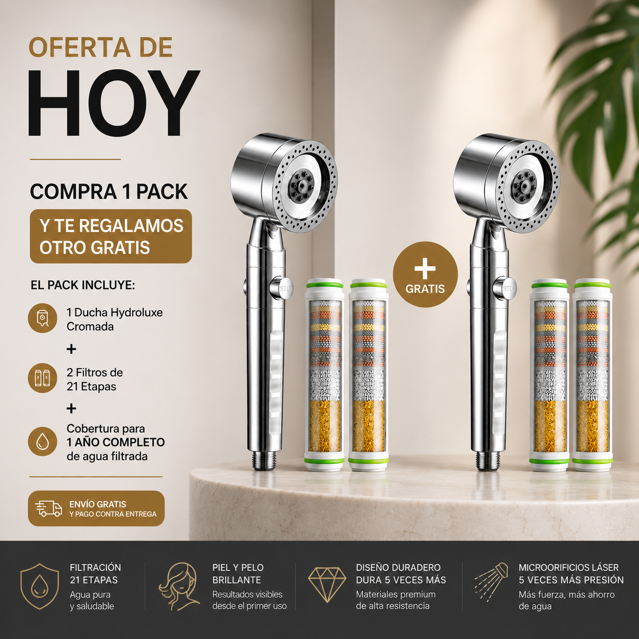Ducha ORIGINAL HYDROLUXE Cromada™ - La única ducha del mercado que ELIMINA la cal y el cloro al 99% para una ducha sin toxicos (Hoy con oferta exclusiva) *Instalación fácil y universal
