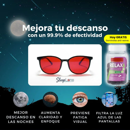 SleepLens™ - Protección profesional frente a la silenciosa y peligrosa luz azul. Graduación universal. (Hoy Incluye Regalo Gominolas naturales anti-estres valoradas en 29 euros)