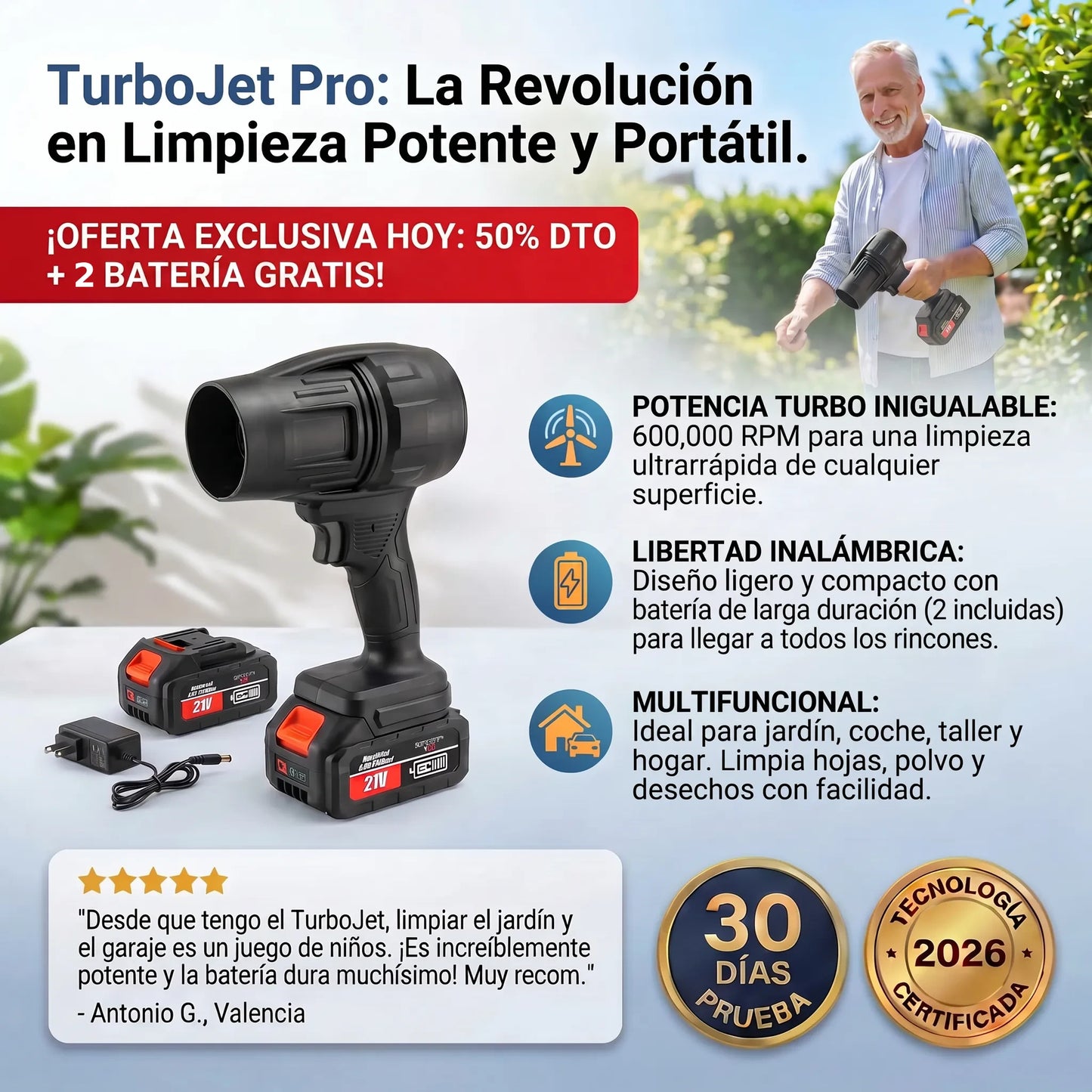 Soplador TurboJet Pro™ - El unico soplador con tecnología de doble hélice que limpia tu jardín en minutos. (Incluye 2 baterías GRATIS)