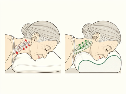 Diagrama anatómico comparativo de columna cervical sobre almohada plana vs almohada con reborde