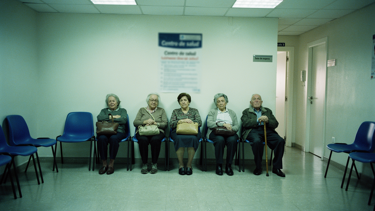 Sala de espera de ambulatorio público español con personas mayores sentadas