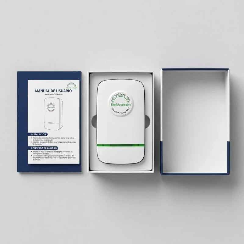 PowerSave caja abierta flat lay con manual en espanol