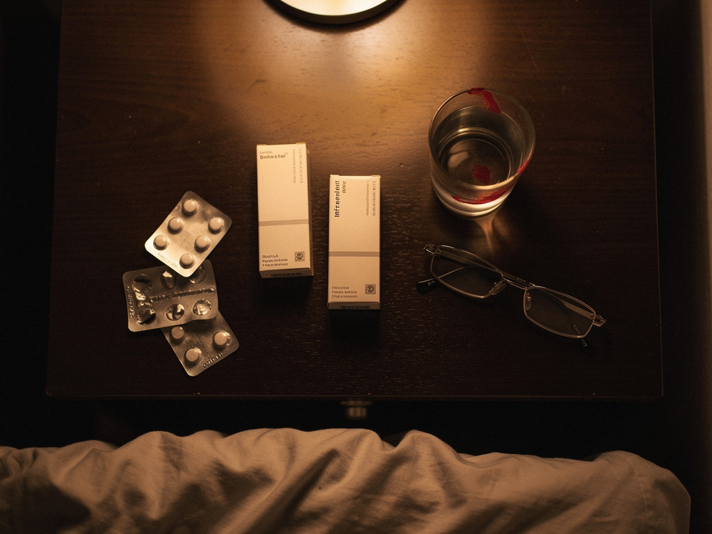 Mesilla de noche con cajas y blísters de pastillas