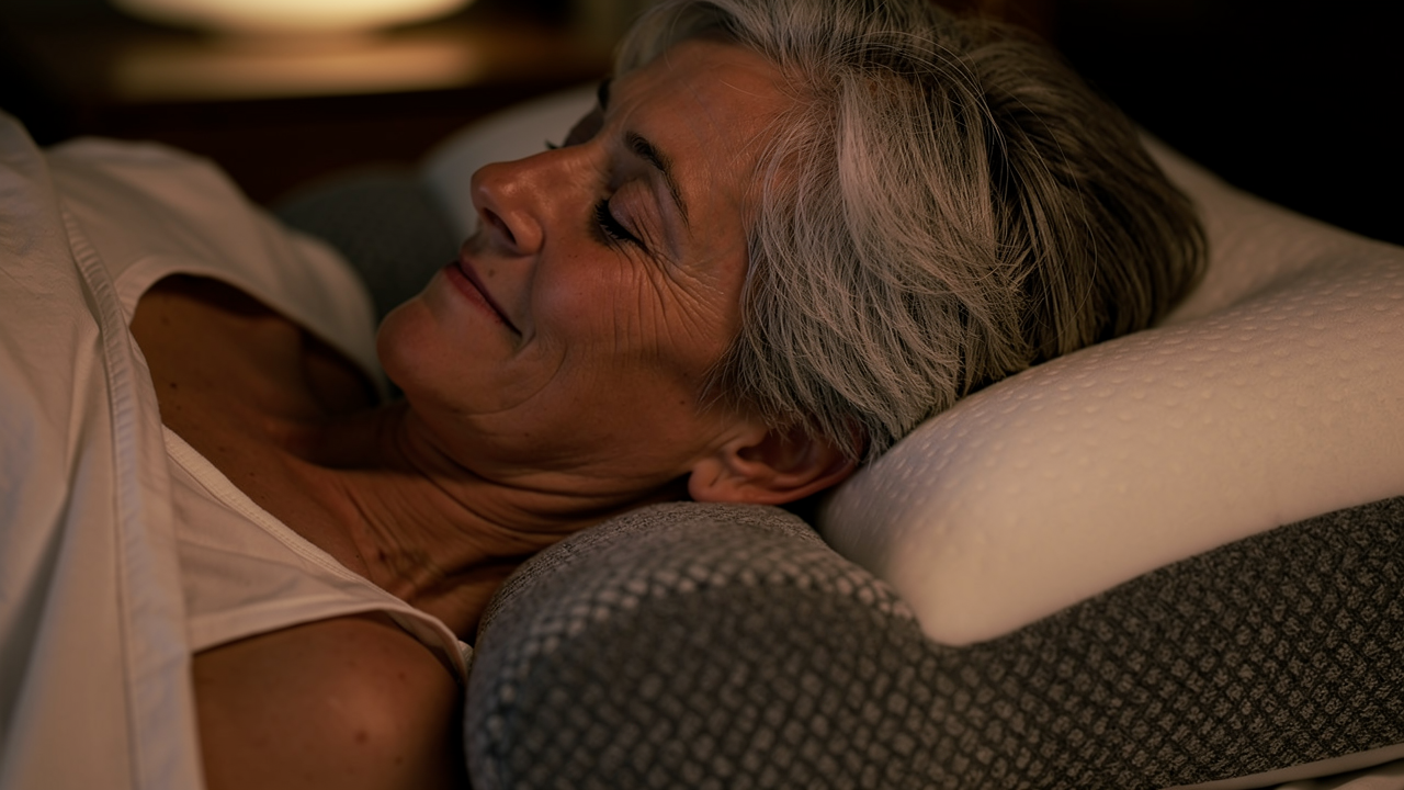 Mujer mayor durmiendo plácidamente con el cuello apoyado en el reborde de la comfortsleep