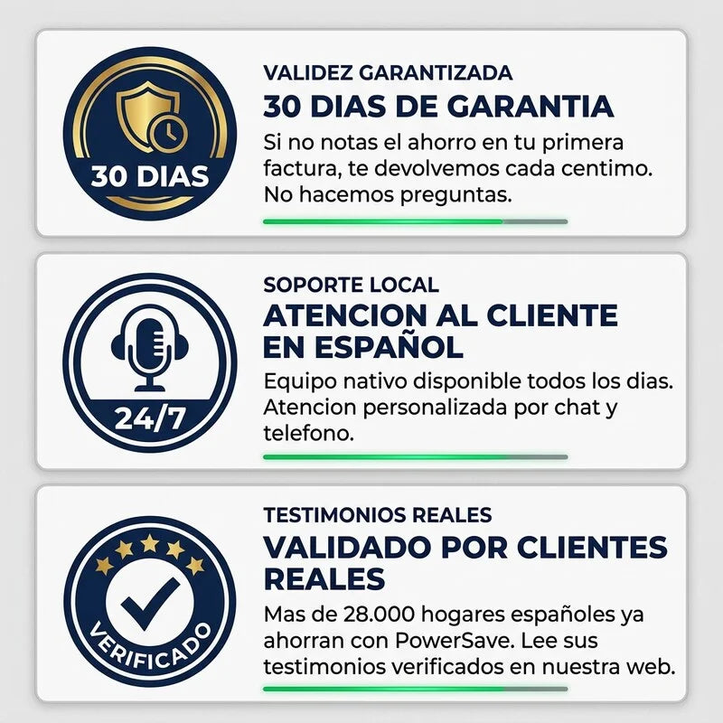 Garantias PowerSave: 30 dias, atencion 24/7, validado por clientes