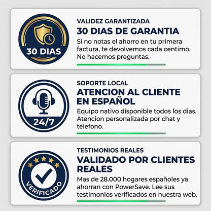 Garantias PowerSave: 30 dias, atencion 24/7, validado por clientes