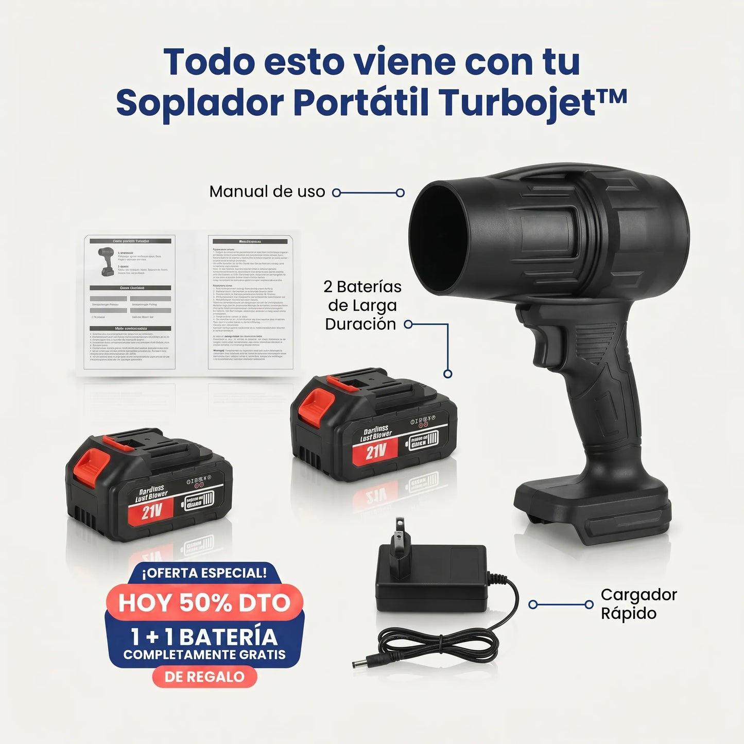 Soplador TurboJet Pro™ - El unico soplador con tecnología de doble hélice que limpia tu jardín en minutos. (Incluye 2 baterías GRATIS)