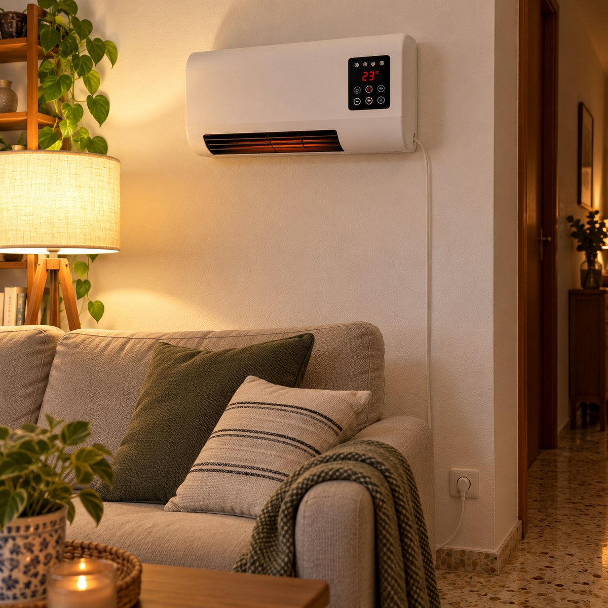 AirMAX AC encendido, colgado en la pared del salón encima del sofá
