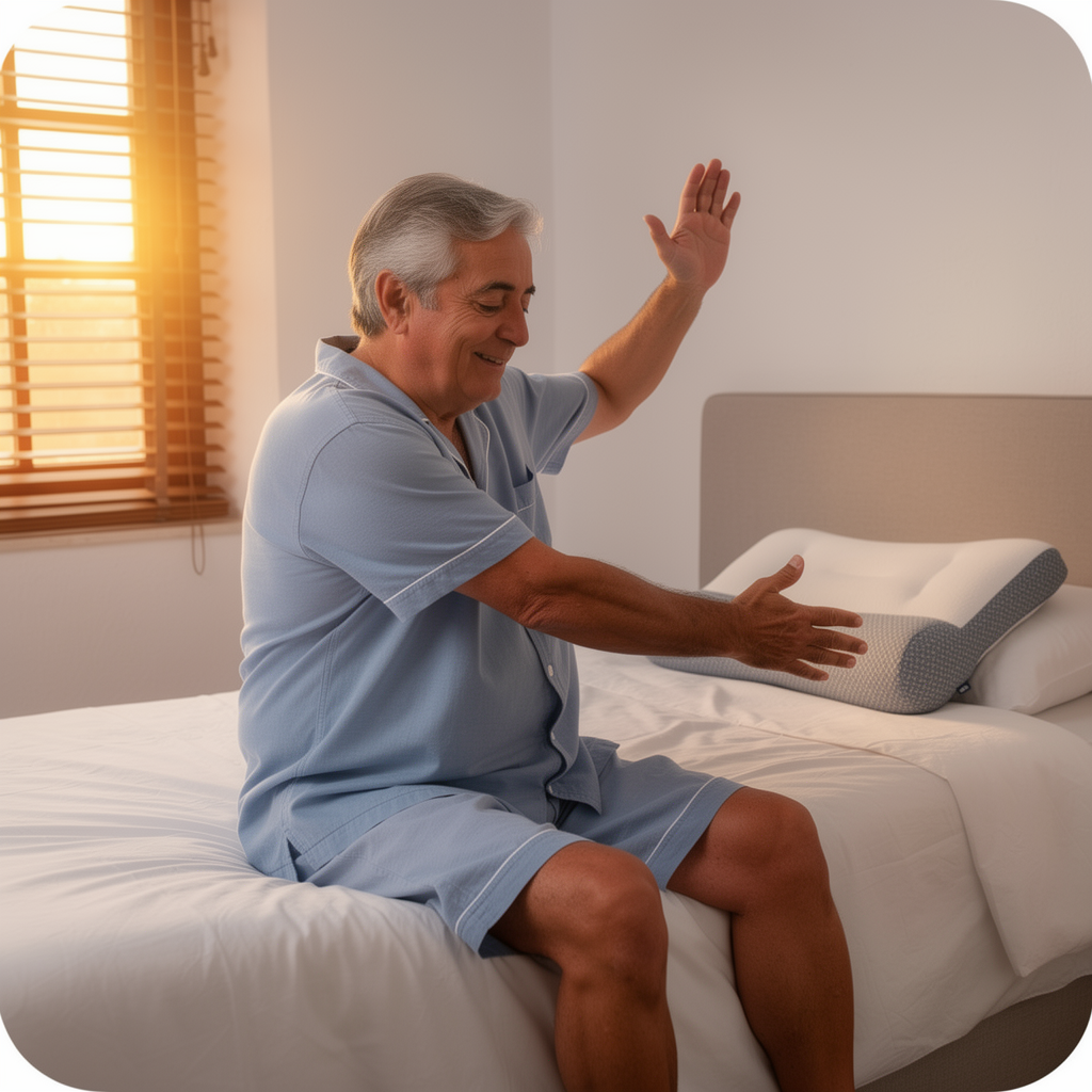 HOMBRE 65 AÑOS DESPERTANDO DESCANSADO EN SU CAMA