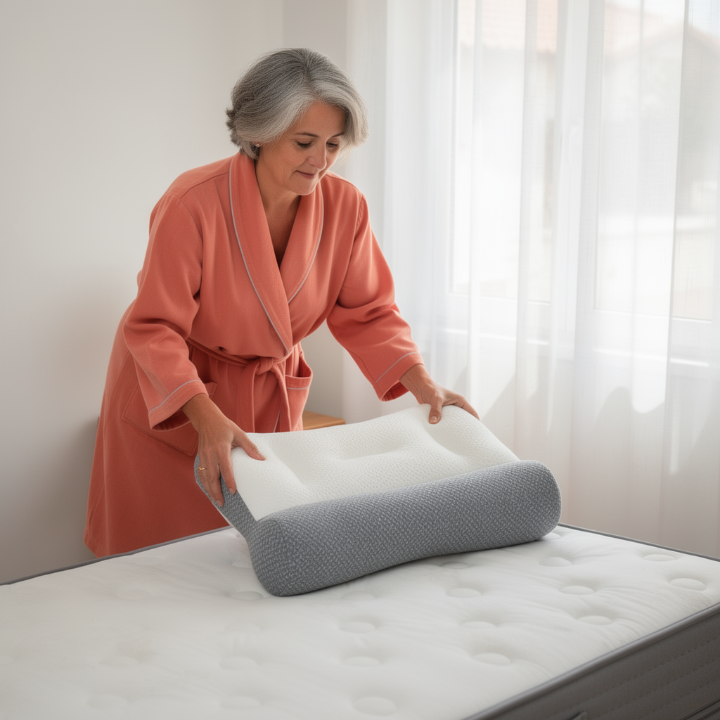MUJER 60 AÑOS COLOCANDO LA ALMOHADA EN LA CAMA