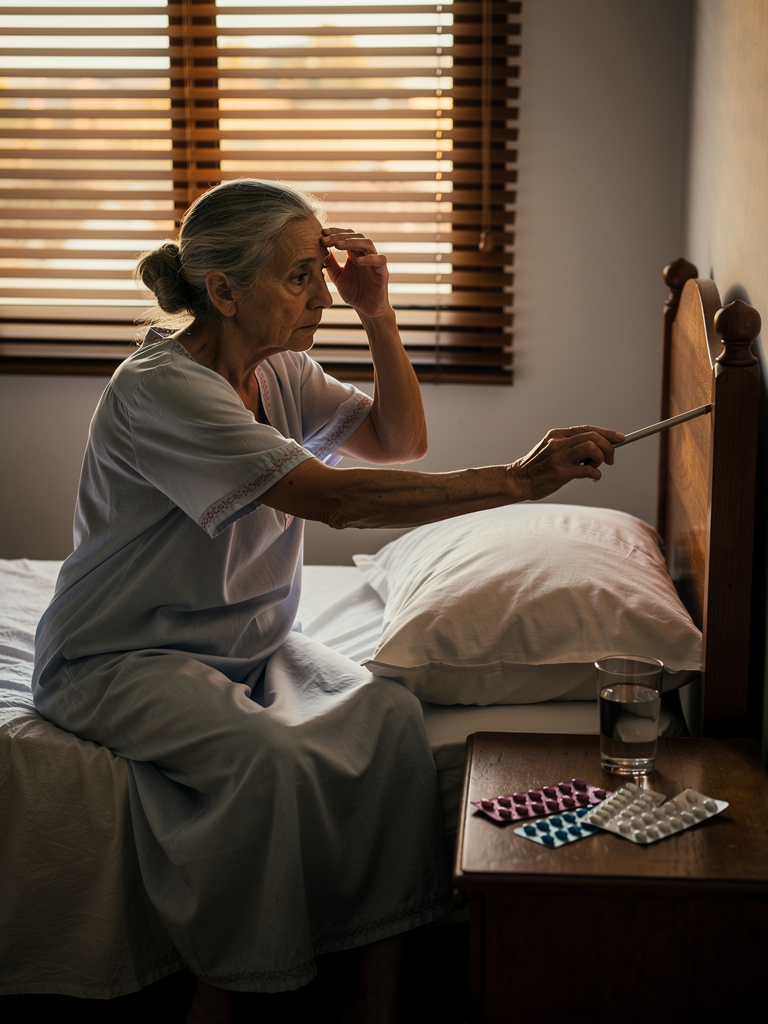 Mujer espanola 65 anos sentada al borde de la cama al amanecer con mareo