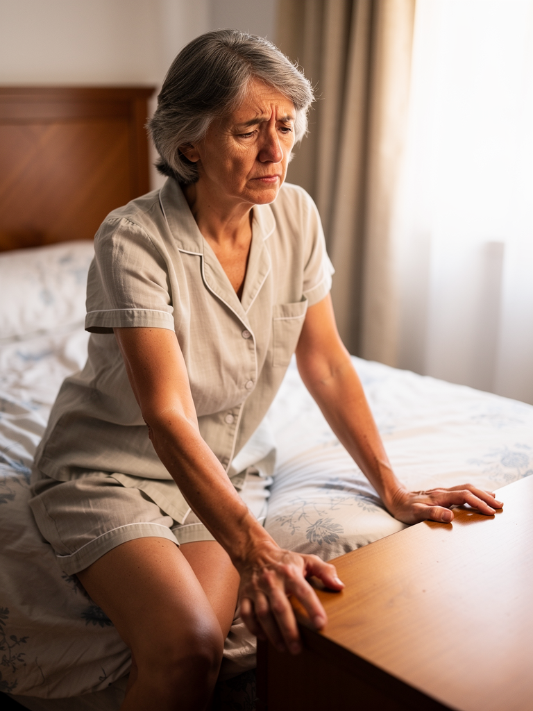 Mujer 65 apoyandose en mesilla al incorporarse de la cama por mareo
