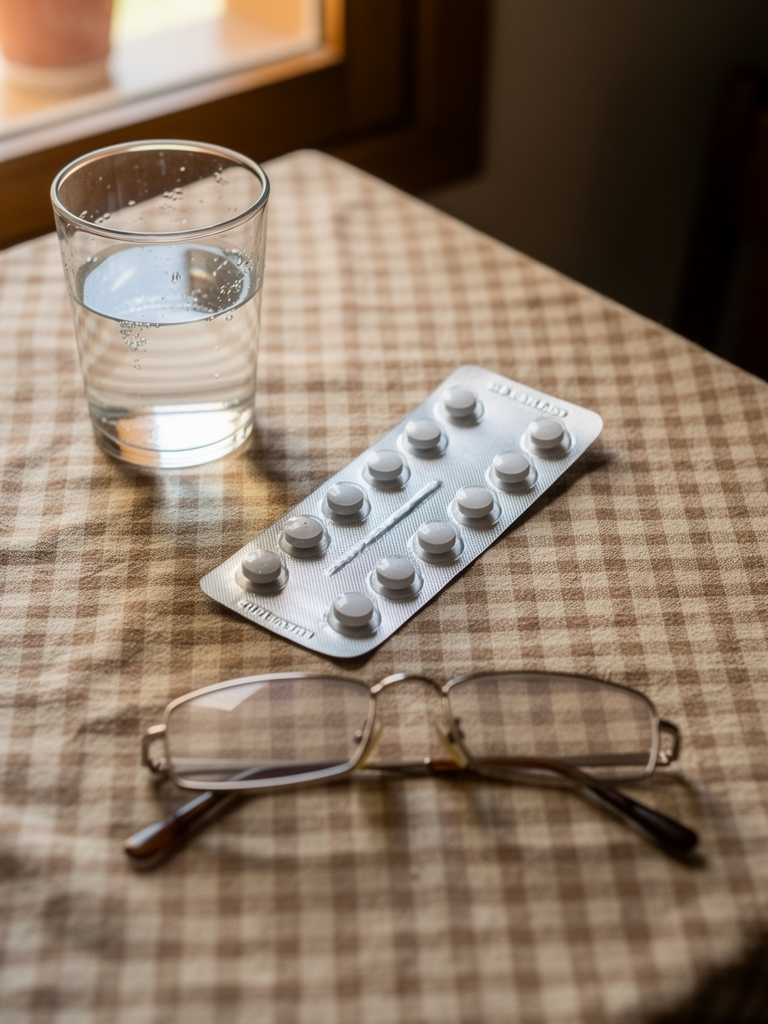 Blister de pastillas para vertigo medio vacio sobre mesa de cocina espanola