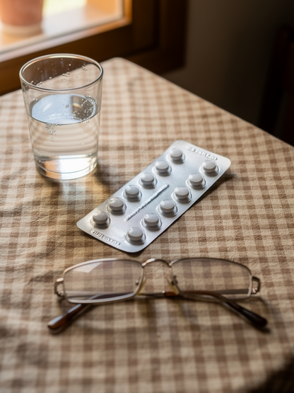 Blister de pastillas para vertigo medio vacio sobre mesa de cocina espanola