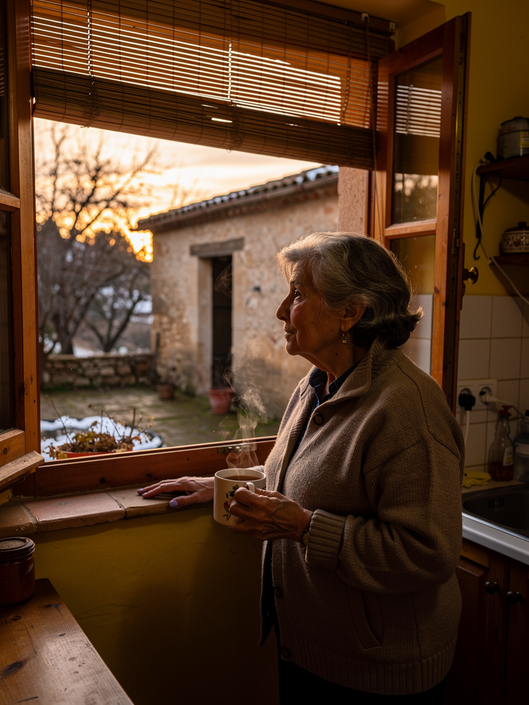 Mujer mayor mirando por ventana de cocina espanola al atardecer