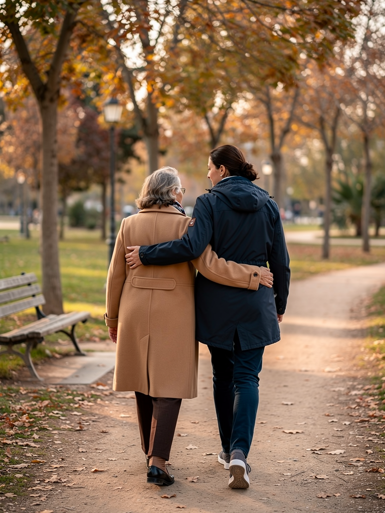 Madre 65 e hija 35 paseando del brazo por parque municipal espanol