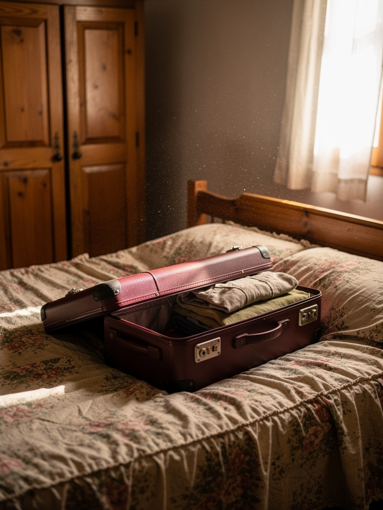 Maleta granate medio abierta sobre cama matrimonio dormitorio espanol