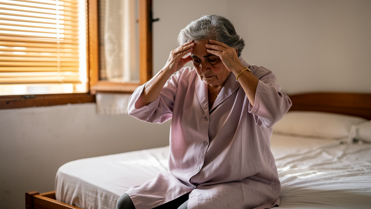 Mujer mayor 65 años sentada al borde de la cama con las manos en la cabeza al levantarse, dormitorio tradicional de pueblo español