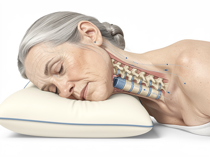Ilustración educativa vista lateral del cuello mostrando la columna cervical y la almohada