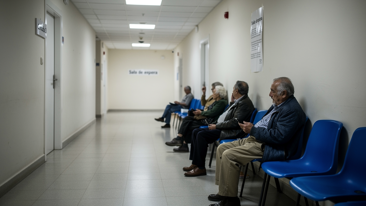 Pasillo de centro de salud español con sillas de espera y gente esperando