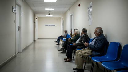 Pasillo de centro de salud español con sillas de espera y gente esperando