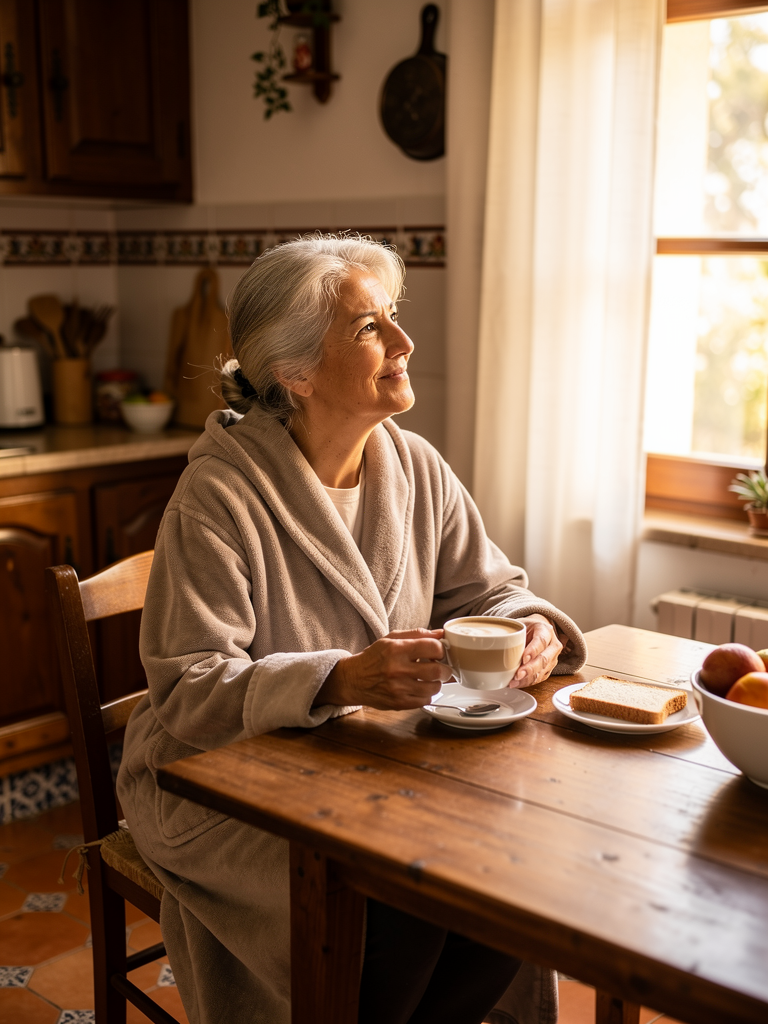 Mujer mayor 65 años desayunando relajada en cocina española casera
