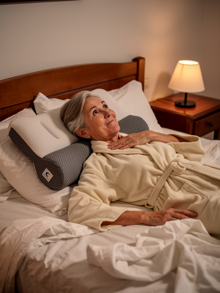 Mujer mayor 65 años probando la almohada ComfortSleep en su dormitorio antes de dormir