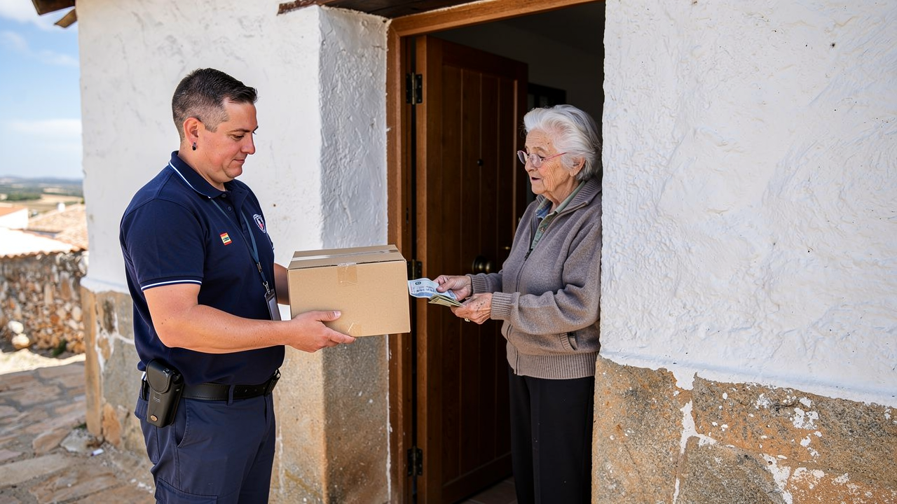 Repartidor entregando paquete a mujer mayor en la puerta de una casa española de pueblo