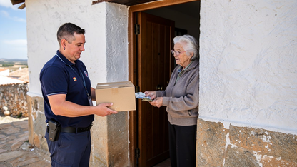 Repartidor entregando paquete a mujer mayor en la puerta de una casa española de pueblo