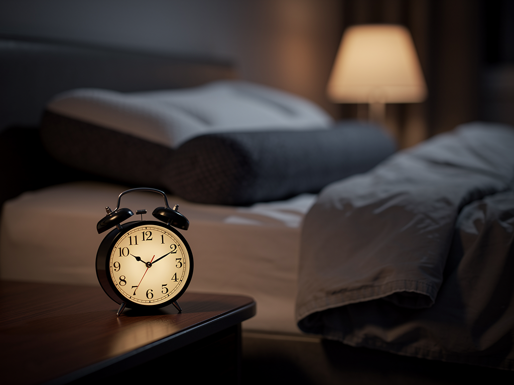 Reloj despertador a las 23:00 en mesilla junto a almohada ComfortSleep en dormitorio en penumbra