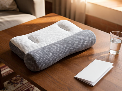 Producto ComfortSleep sobre mesa de madera junto a un folleto informativo blanco