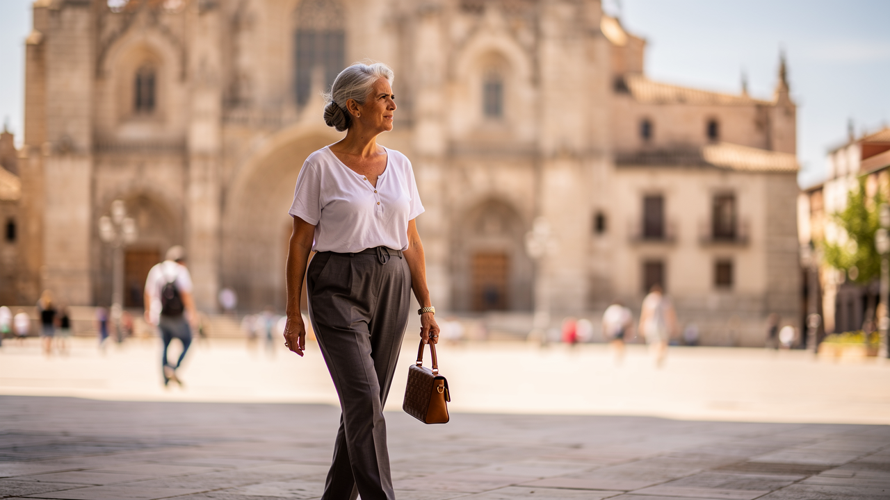 Mujer mayor 65 años paseando sola sonriente por una plaza tradicional española al sol