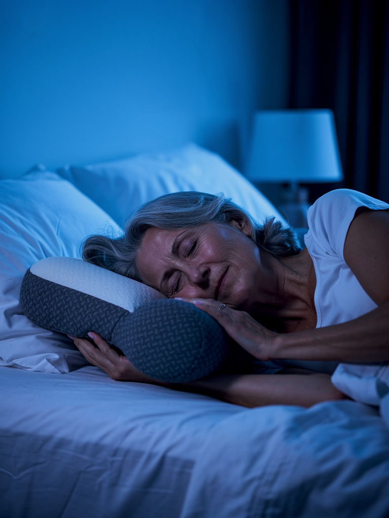 Mujer mayor 65 años durmiendo profundamente con expresión serena sobre almohada ComfortSleep