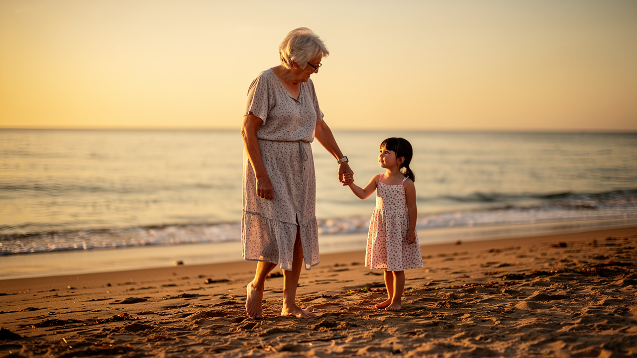 Mujer mayor 65 años y su nieta paseando por la playa de Galicia al amanecer al borde del agua