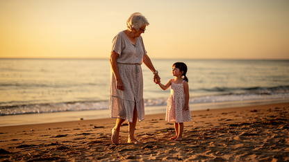 Mujer mayor 65 años y su nieta paseando por la playa de Galicia al amanecer al borde del agua