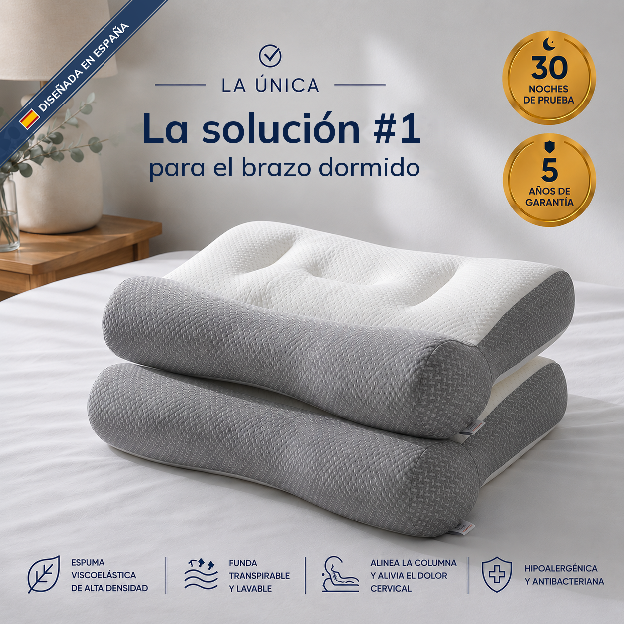 2 x ComfortSleep Original™ – La almohada que acaba con el brazo y la mano dormidos de madrugada en 7 noches gracias a su reborde frontal. (Incluye fundas GRATIS). *(Dormirás sin el brazo dormido o te devolvemos cada euro).