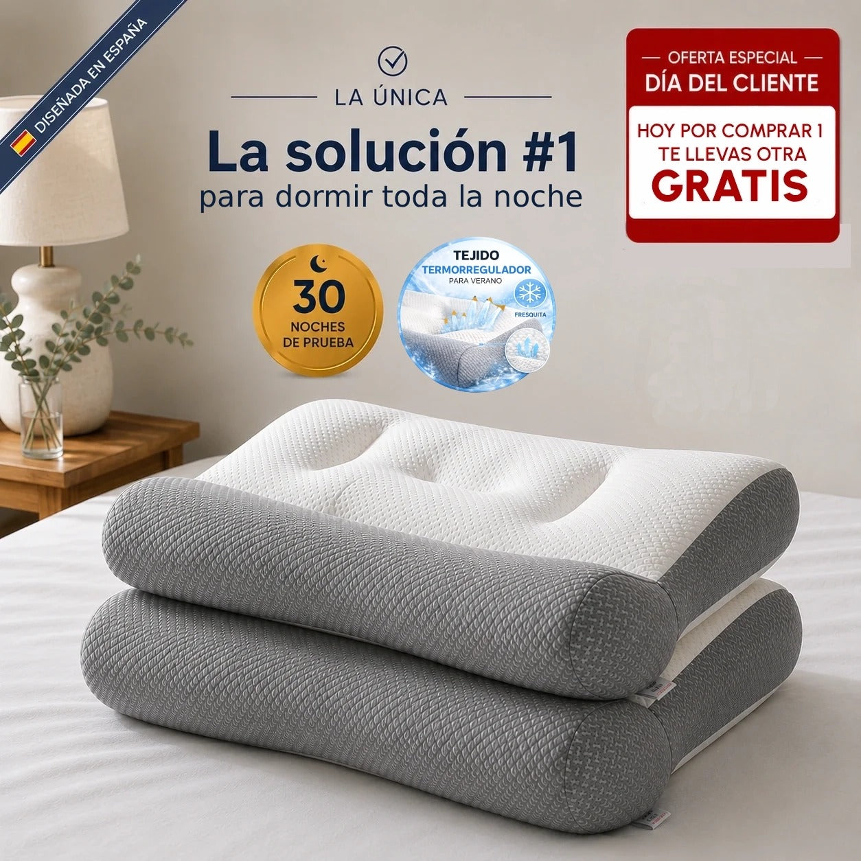 2 x ComfortSleep Original™ – La almohada que corta los despertares y te hace dormir toda la noche en 7 noches gracias a su reborde frontal. (Incluye fundas GRATIS). *(Dormirás toda la noche o te devolvemos cada euro).