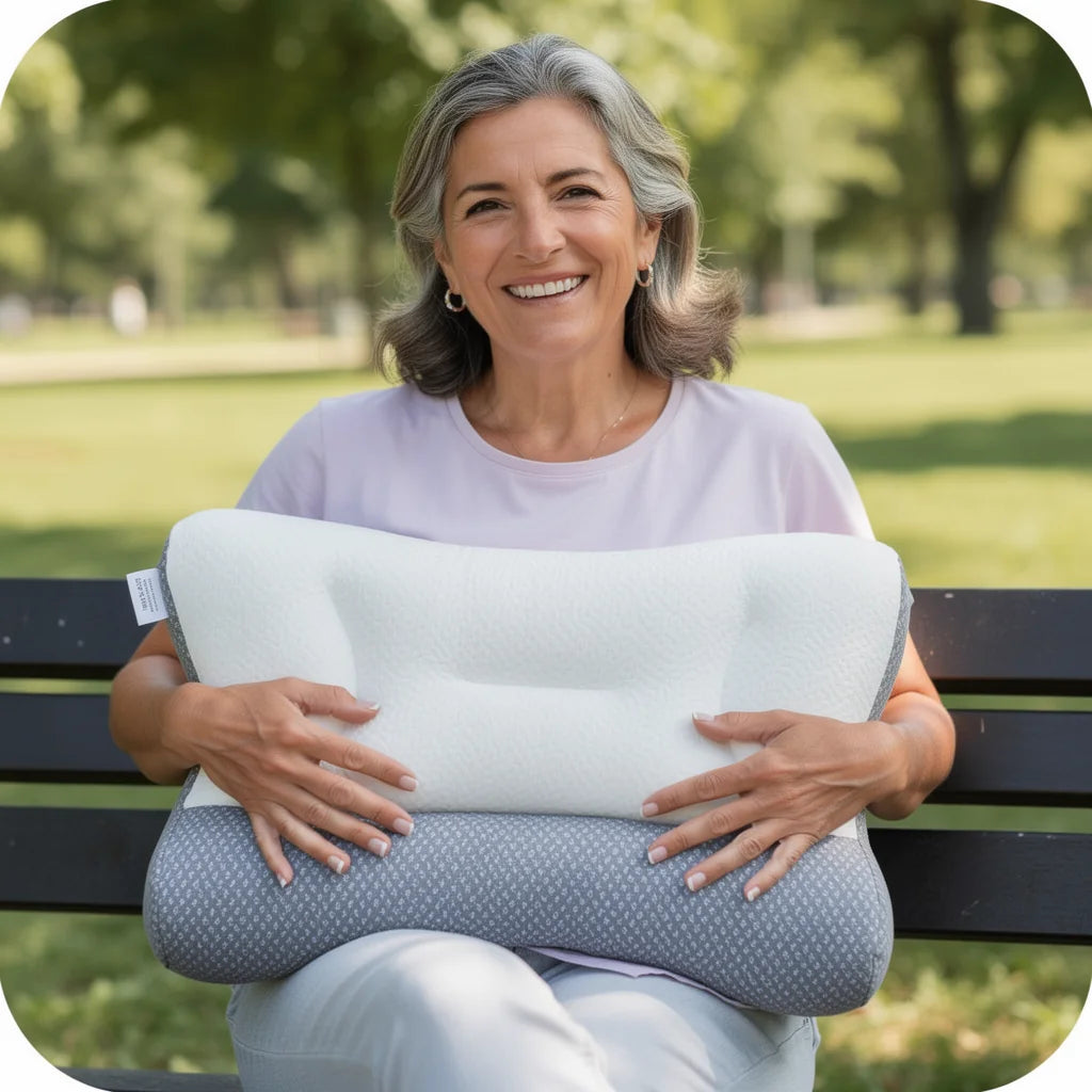 Mujer de mas de 55 con la almohada cervical en el parque